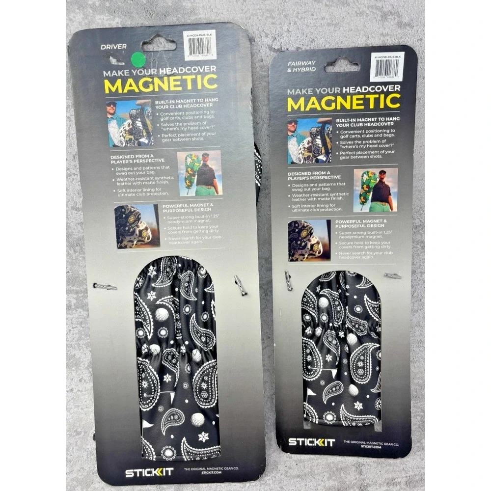 New! HYBRID & DRIVER StickIt Magnetic Golf Headcovers Set Black Paisley Print